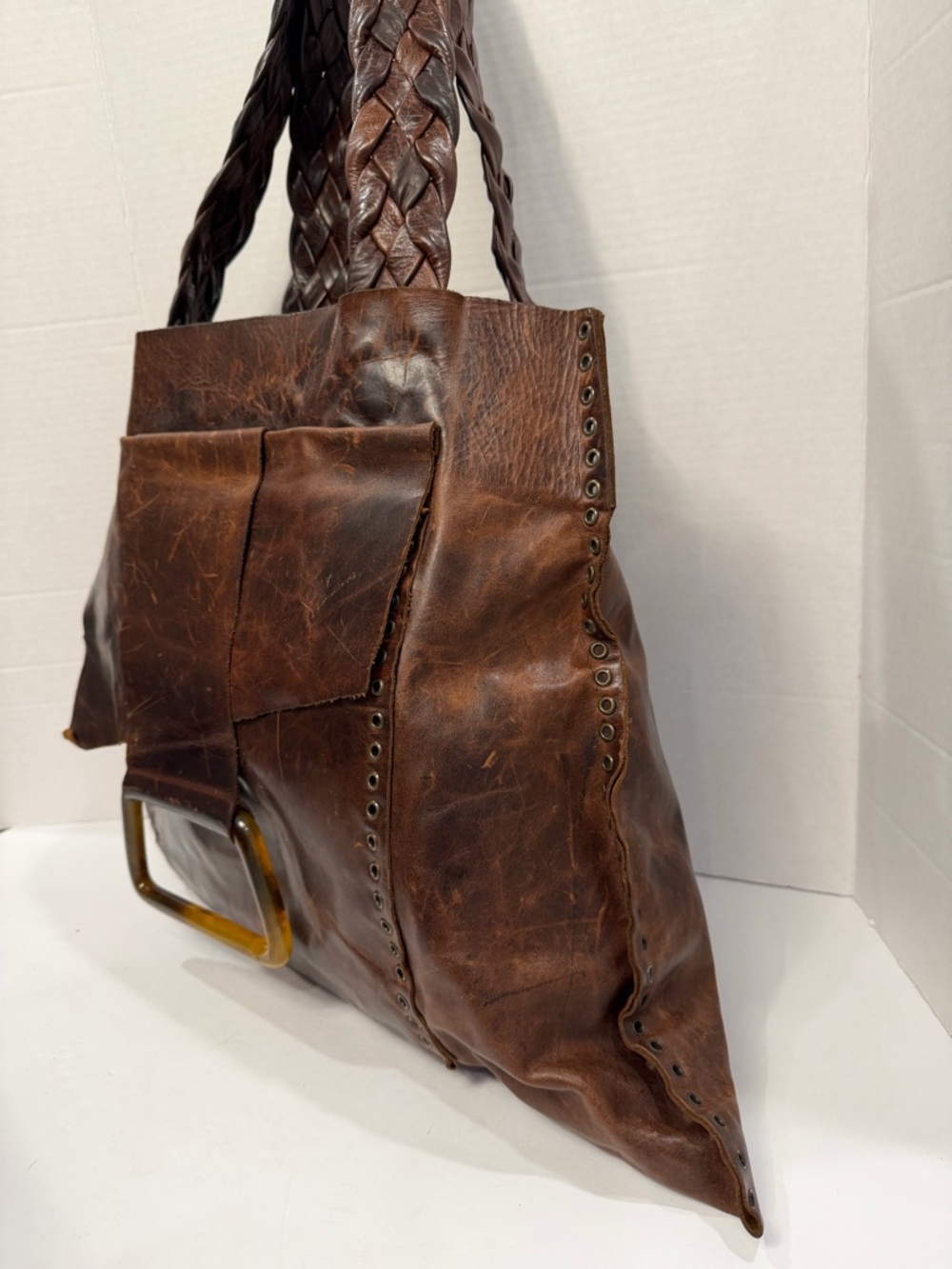 RARE Rebel large shoulder bag with braided handles Italian vintage leather $850 - Picture 3 of 6